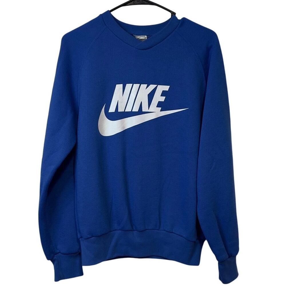 VTG 80s Nike Gray Label‎ Crewneck Sweatshirt Size S Blue White Big Swoosh Logo